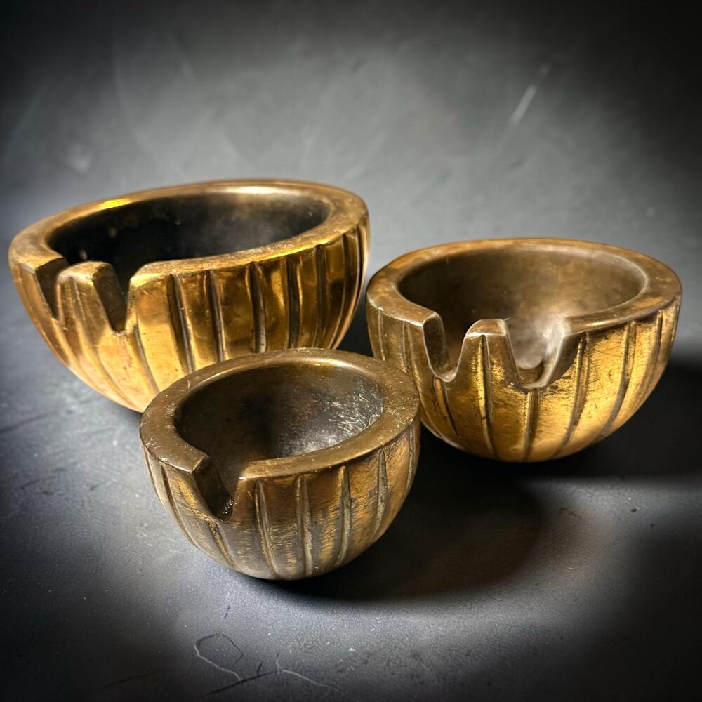 Vintage RARE Ben Seibel for Jenfred Ware Nesting Brass MCM Ashtrays Set of 3